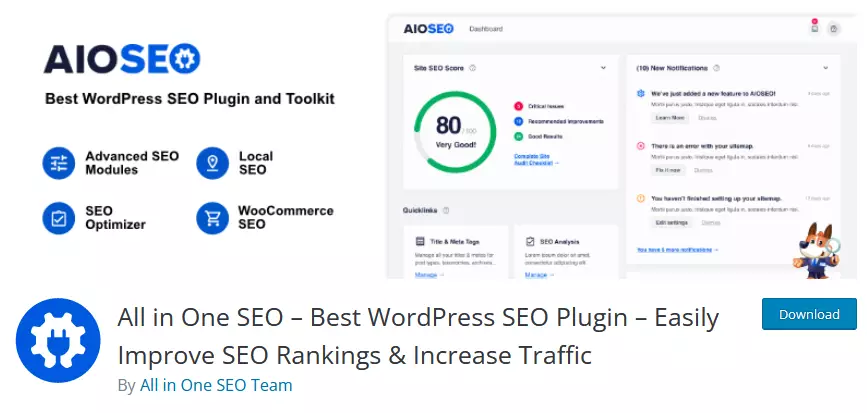 Screenshot of the All in One SEO plugin in the WordPress repository, highlighting the use of AI in WordPress for effective search engine optimization.