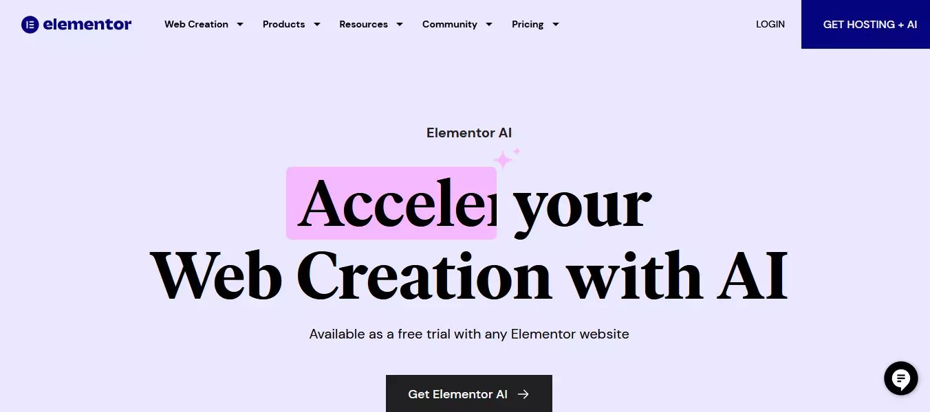 Screenshot of the Elementor AI website, demonstrating the application of AI in WordPress for enhanced web development and design.