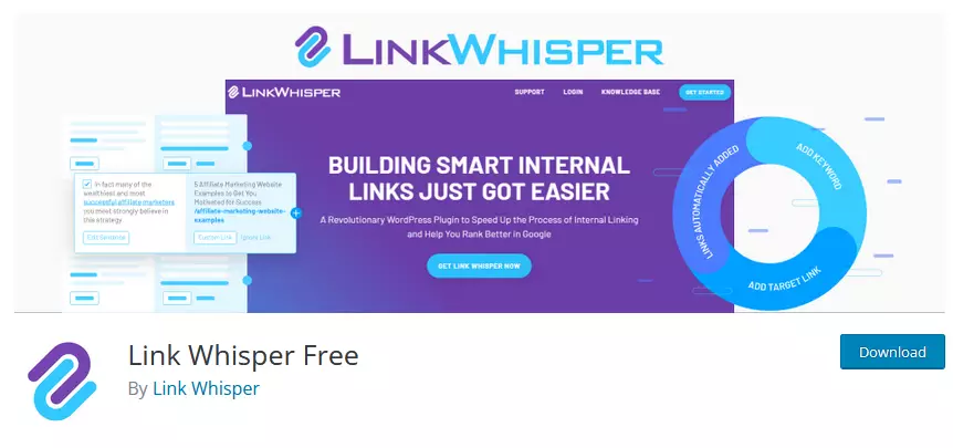 Screenshot of the Link Whisper plugin in the WordPress repository, highlighting the application of AI in WordPress for effective internal link creation and SEO optimization.