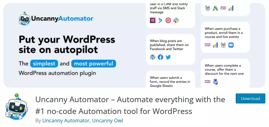 Screenshot of the Uncanny Automator plugin in the WordPress repository, illustrating the use of AI in WordPress to automate and streamline website tasks.