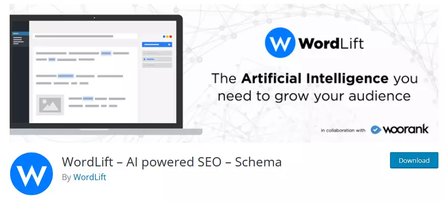 Screenshot of the WordLift plugin in the WordPress repository, showcasing the integration of AI in WordPress for enhanced content creation and SEO